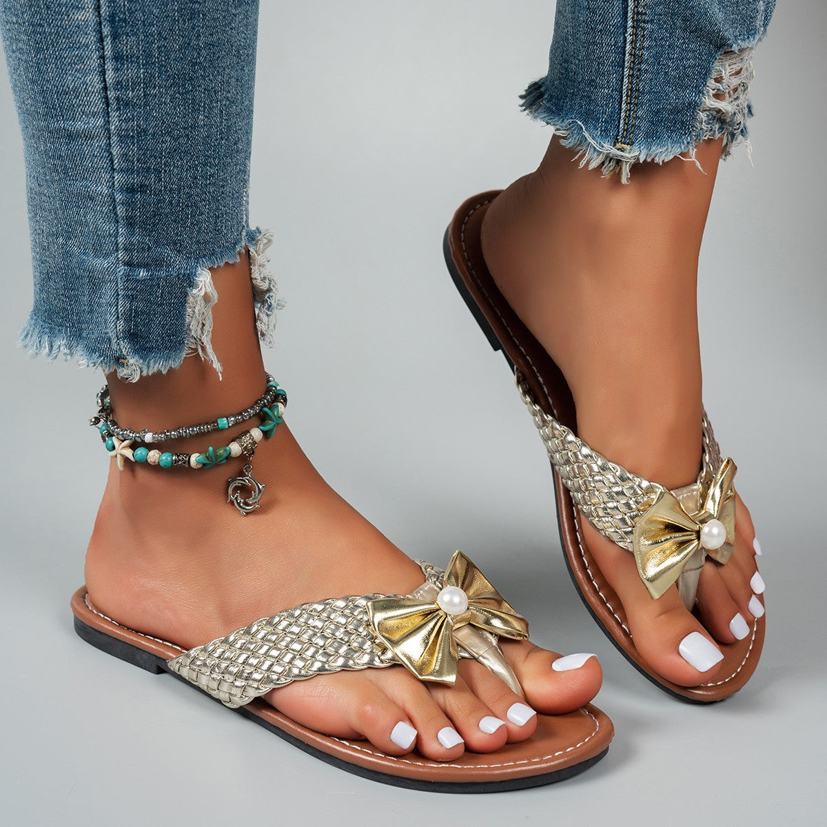 Plush Fashion Hub toe post bow sandals with plush fabric and decorative bow, stylish and comfortable summer footwear.