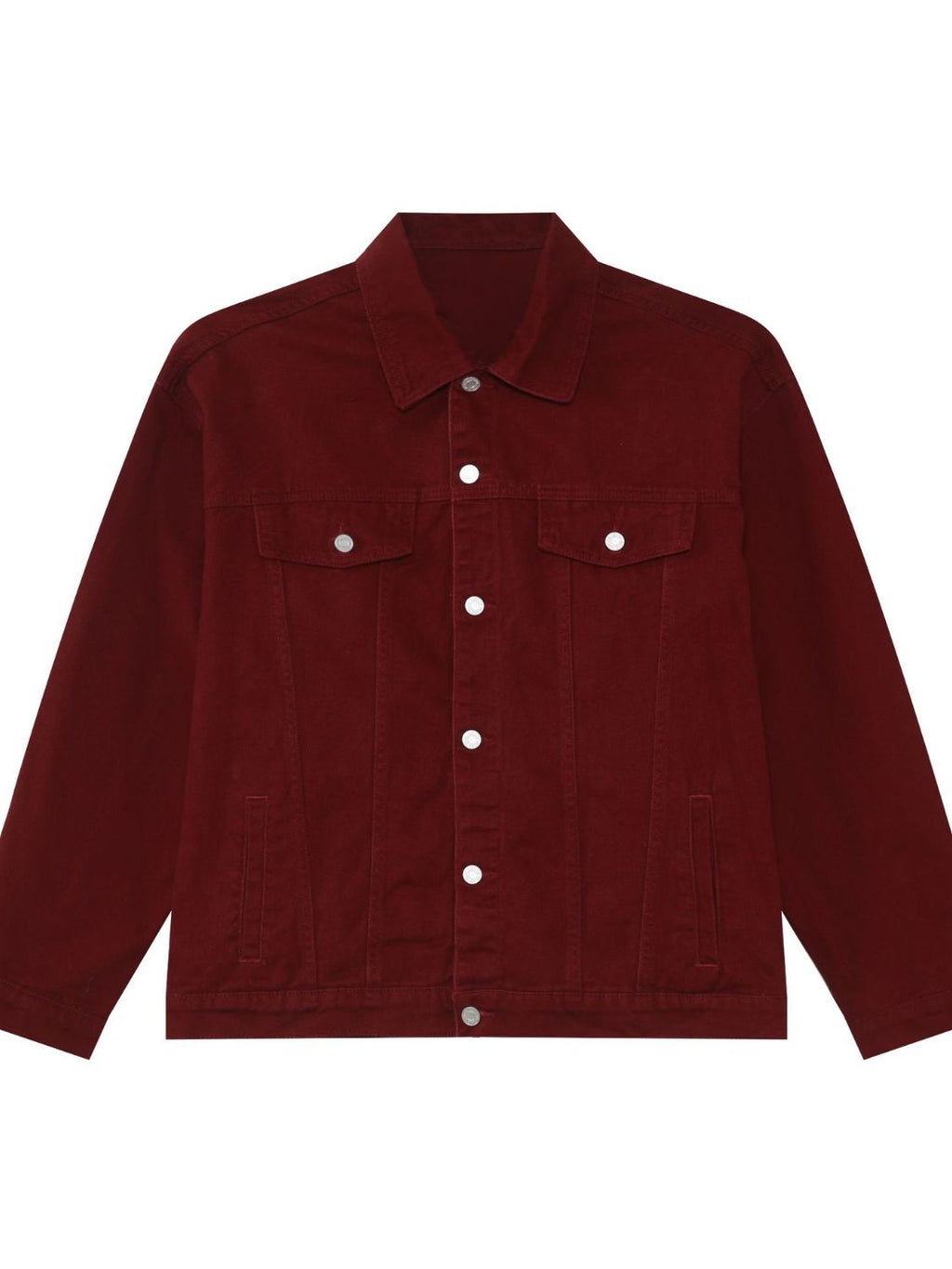 Men's VYSN button-up denim jacket with dropped shoulders, casual fashion outerwear, displayed on a hanger.