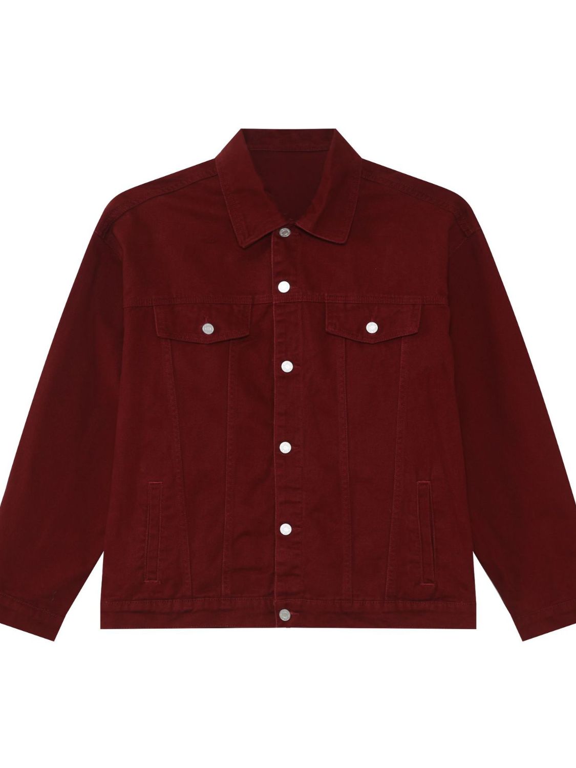 Men's VYSN button-up denim jacket with dropped shoulders, casual fashion outerwear, displayed on a hanger.
