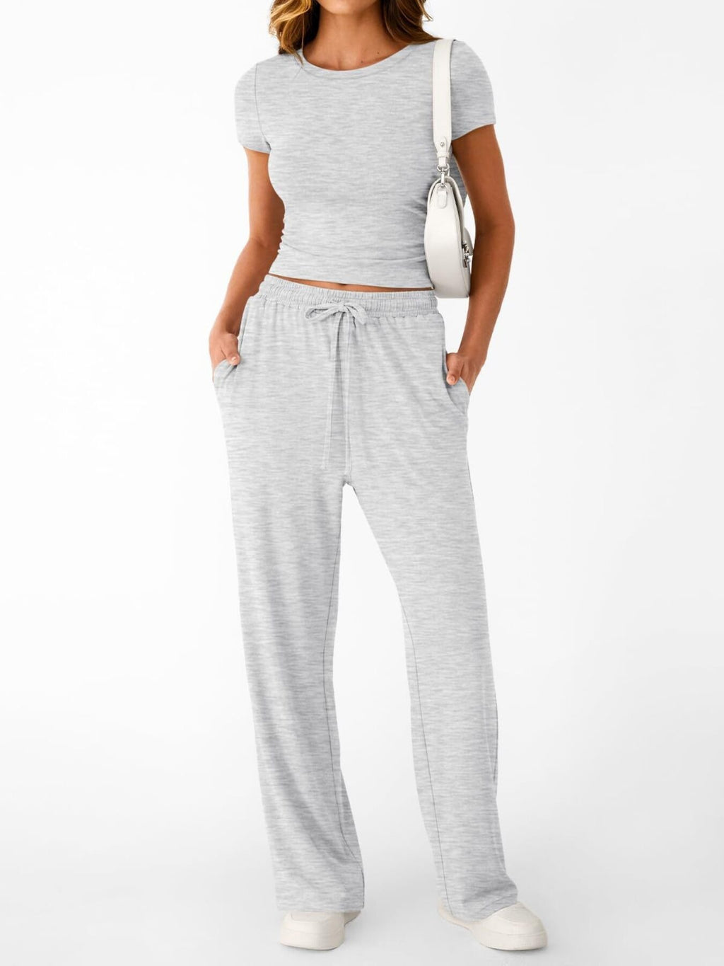 Women's round neck short sleeve T-shirt and drawstring lounge set, comfortable 2-piece casual outfit by Trendsi.