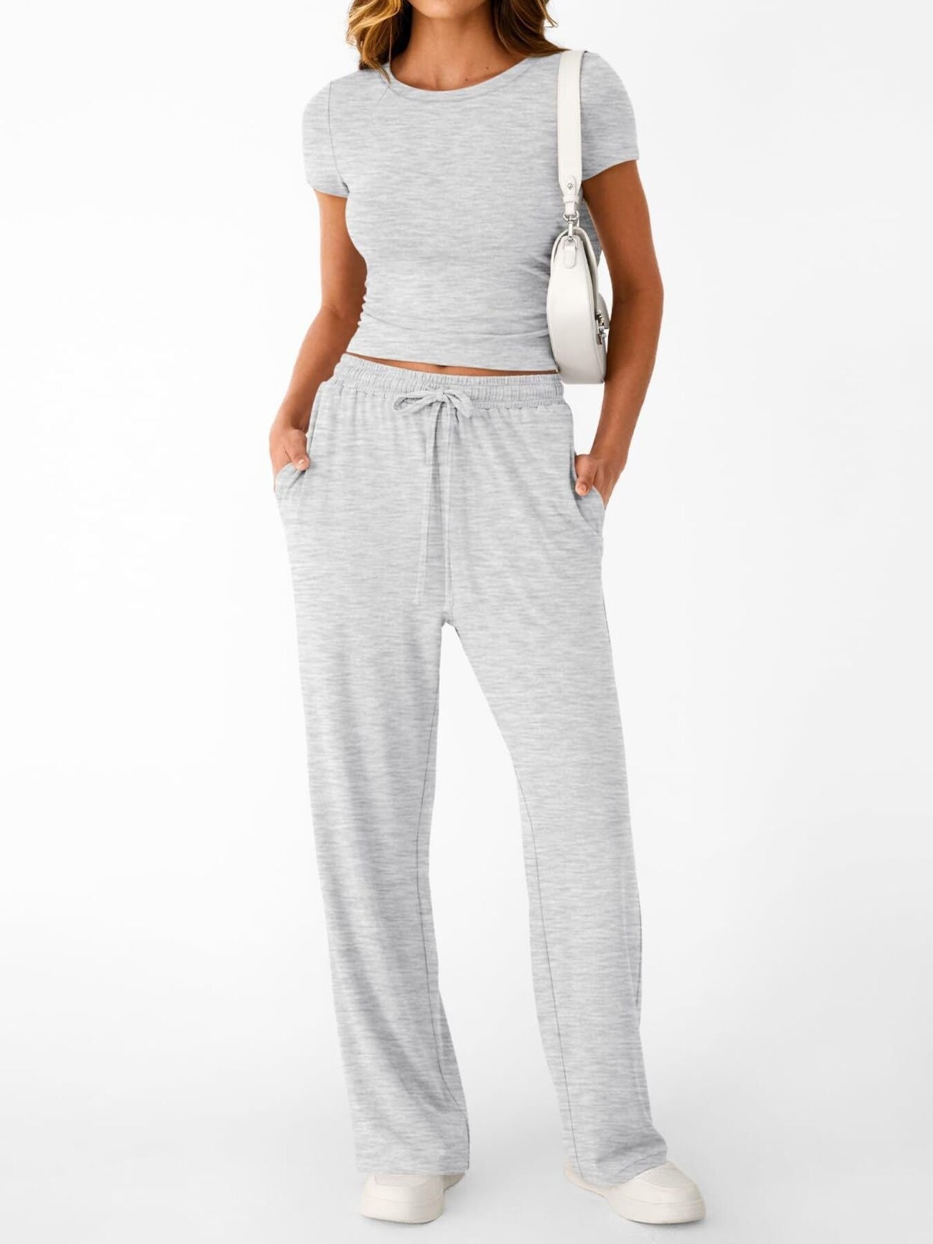 Women's round neck short sleeve T-shirt and drawstring lounge set, comfortable 2-piece casual outfit by Trendsi.