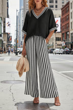 Women's striped tunic top and casual trousers two-piece set by FitiqueFit, featuring comfortable, stylish casualwear for everyday wear.