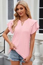 Eyelet notched flutter sleeve T-shirt from Trendsi, showcasing stylish flutter sleeves and eyelet details in a casual top style.