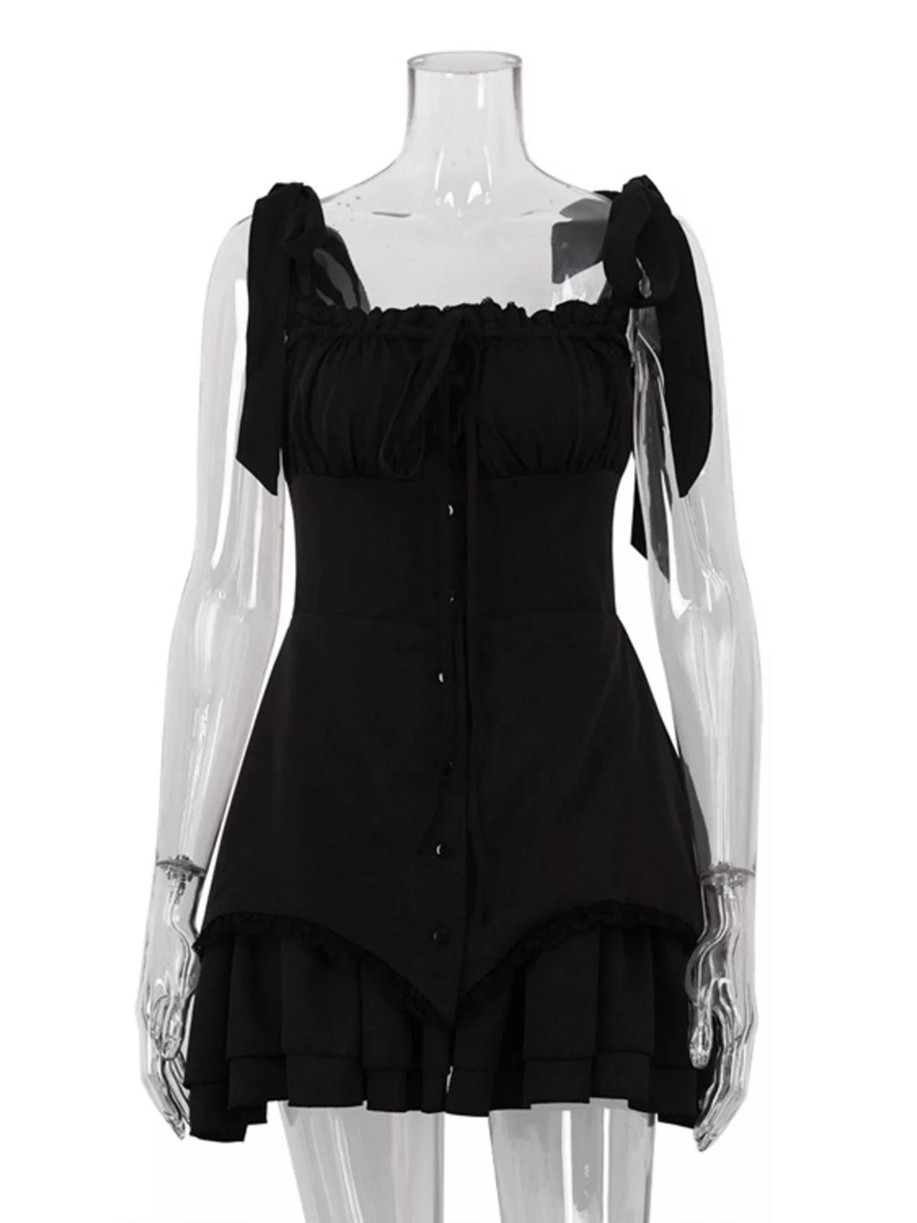 Shopimist tie-shoulder ruffled mini dress with feminine neckline and flowy fabric, perfect for summer or casual outings.