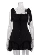 Shopimist tie-shoulder ruffled mini dress with feminine neckline and flowy fabric, perfect for summer or casual outings.