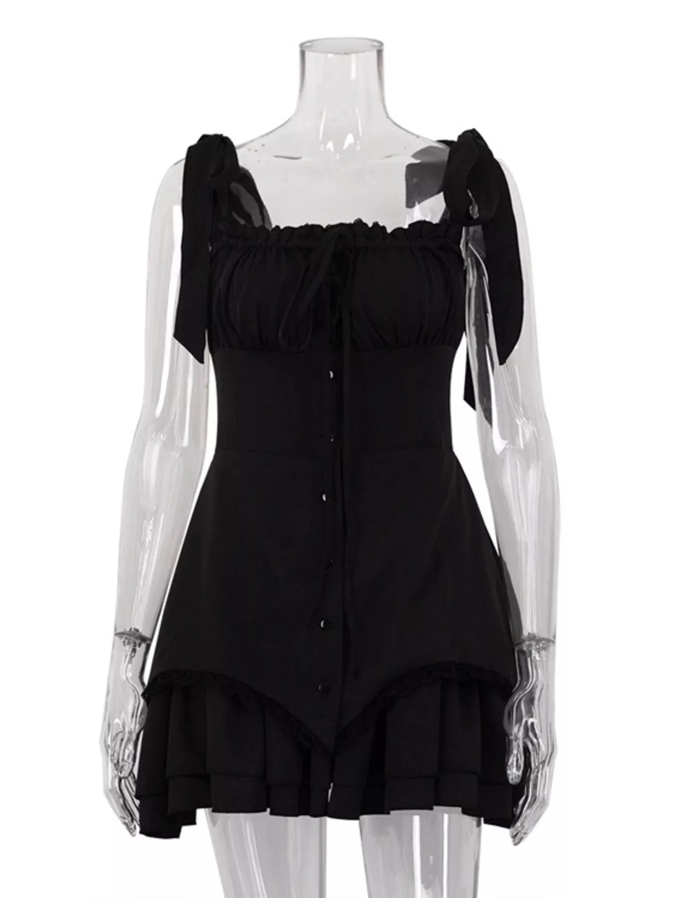 Shopimist tie-shoulder ruffled mini dress with feminine neckline and flowy fabric, perfect for summer or casual outings.