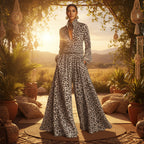 Leopard print wide-leg pants set for women, casual two-piece outfit by FitiqueFit featuring stylish, comfortable casualwear.