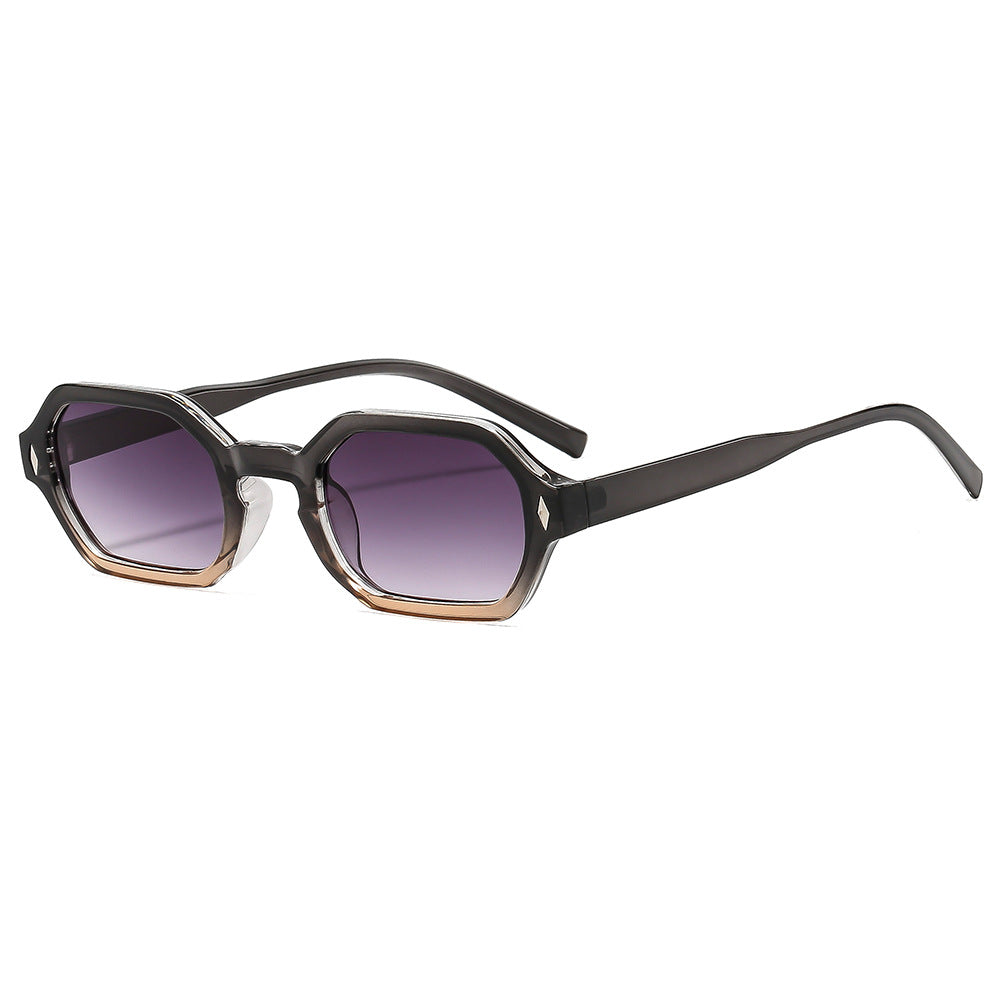 Polygonal small-frame sunglasses with hexagonal lenses, unisex design, UV protection, by Plush Fashion Hub.