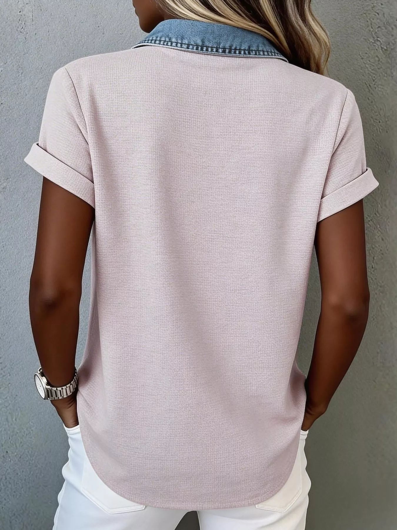 Plush Fashion Hub denim trim short sleeve shirt, casual tops with denim accents, lightweight and stylish for everyday wear.