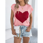 Women’s heart color block knit top by FitiqueFit, casual sleeveless Valentine tank with vibrant heart pattern and cozy knit fabric.