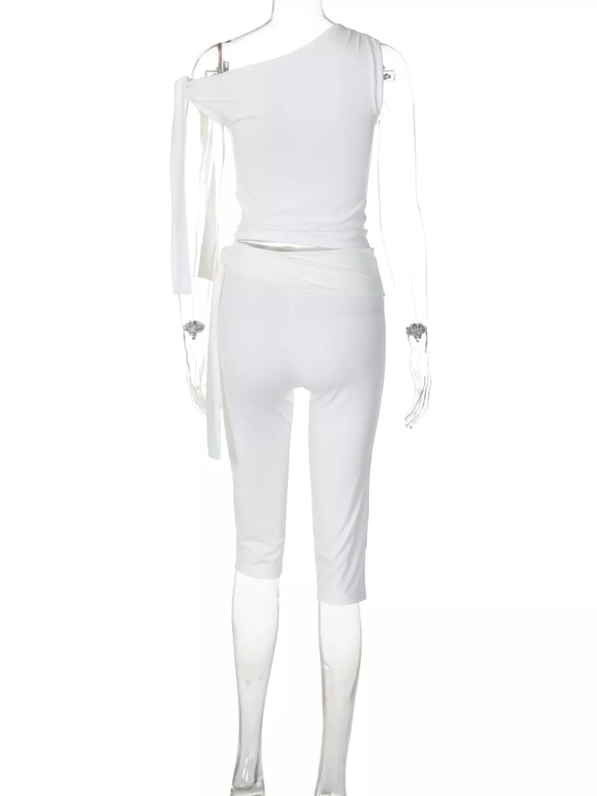 Plush Fashion Hub tied one shoulder top and matching capris set, featuring stylish design and comfortable fit, shown on a model.