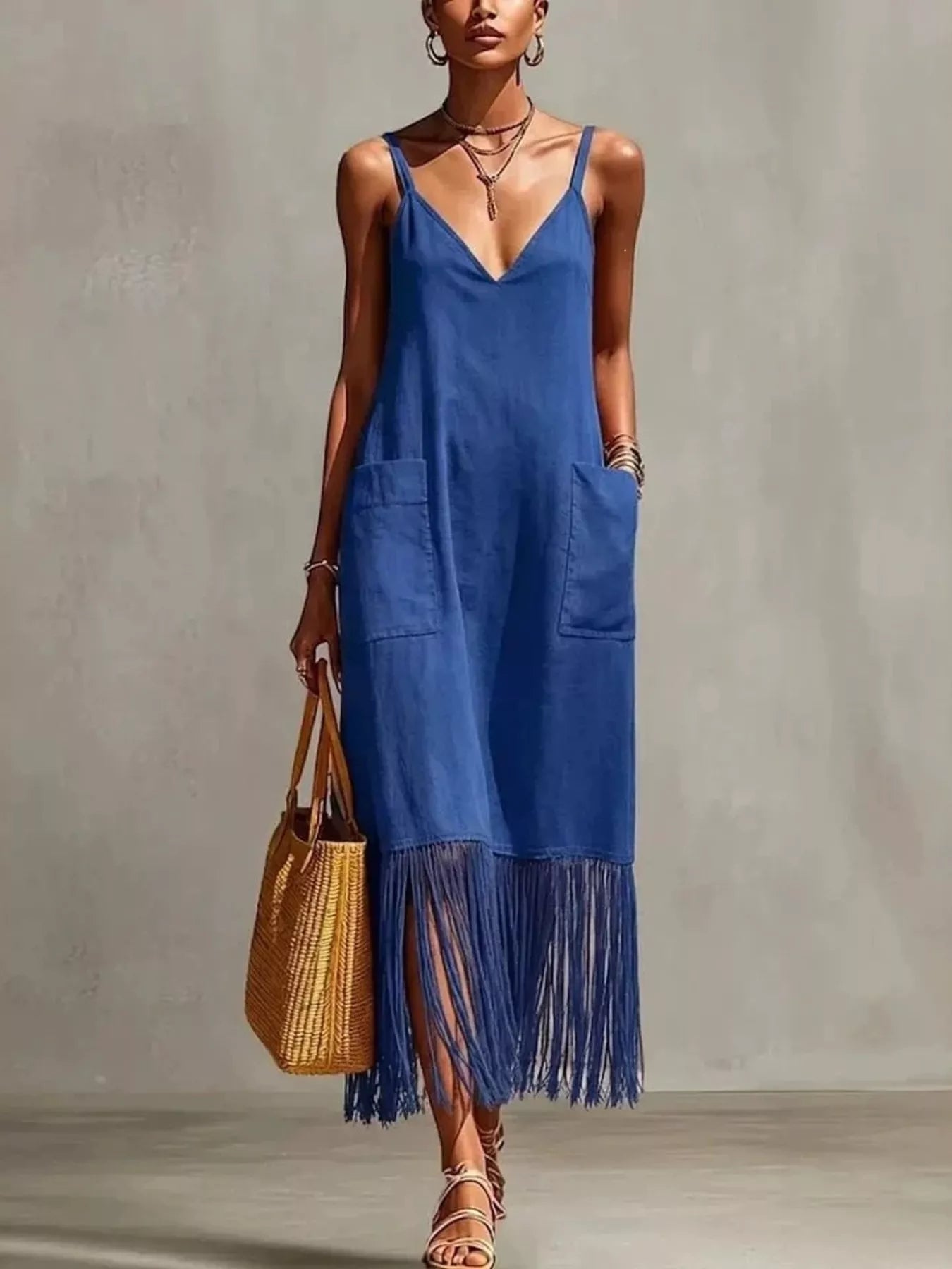 Plus size fringe V-neck spaghetti strap dress by Plush Fashion Hub, featuring a full-length skirt with fringe detailing.