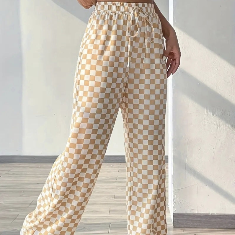 Checkerboard pattern high-waisted wide-leg pants by Plush Fashion Hub in four colors, styled on a model.
