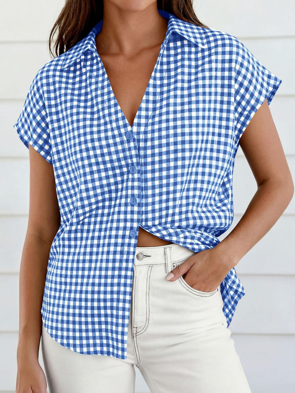 Women's gingham print button-down shirt with tie detail by Trendsi, featuring a classic design and short sleeves.