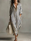 Striped FitiqueFit dress with lapel collar, side slits, and pockets, featuring a stylish and comfortable design.