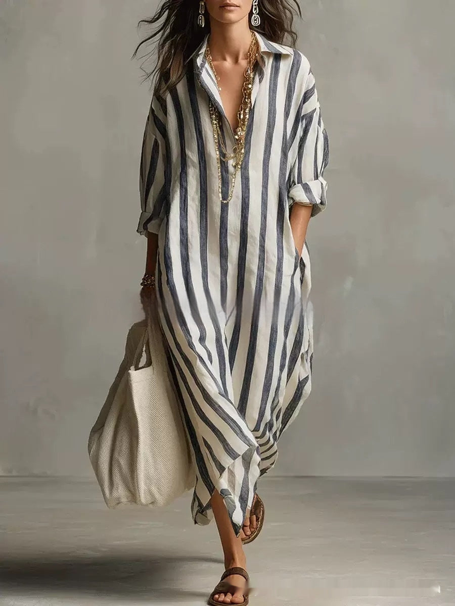 Striped FitiqueFit dress with lapel collar, side slits, and pockets, featuring a stylish and comfortable design.