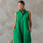 Linen blend sleeveless stand-collar jumpsuit by FitiqueFit in five colors, featuring a relaxed fit and stylish design.
