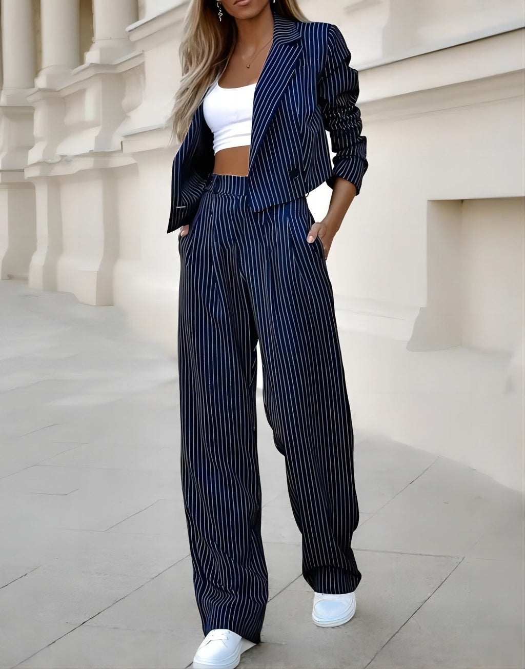 Women's spring fashion striped suit set featuring a casual long sleeve cropped top and straight pants from LadyShow.
