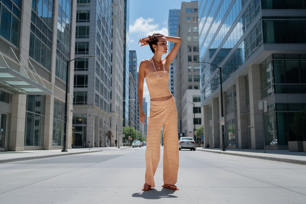 Women's striped tube top and pants set by FitiqueFit, casualwear in a matching modal fabric, featuring a stylish striped design.
