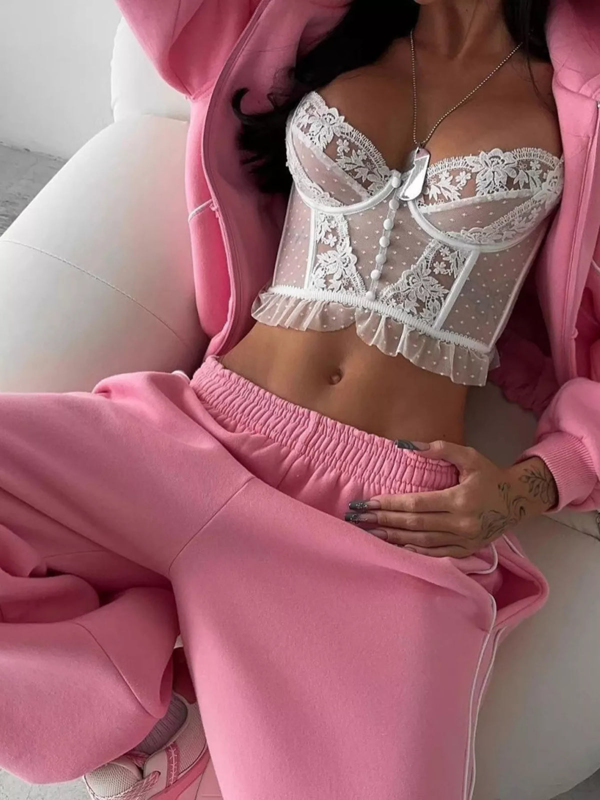 Trendsi cropped zip-up hoodie and wide-leg sweatpants lounge set, casual and comfortable activewear, front view.