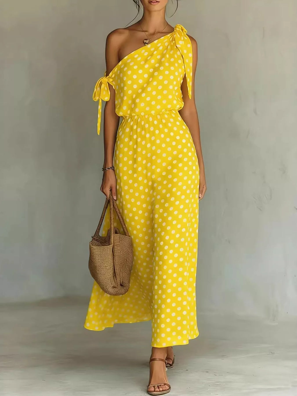 Plus size full-length polka dot one-shoulder maxi dress by Trendsi, featuring a flowing silhouette and stylish design.