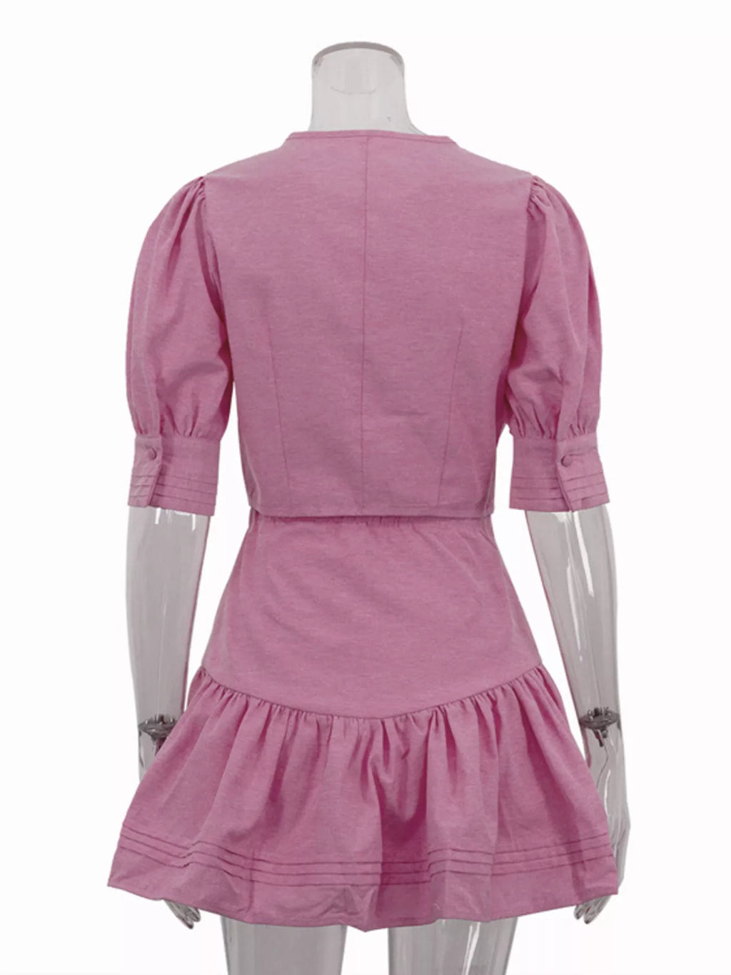 Puff sleeve cropped top and ruffled skirt set by Shopimist, featuring feminine design and lightweight fabric.