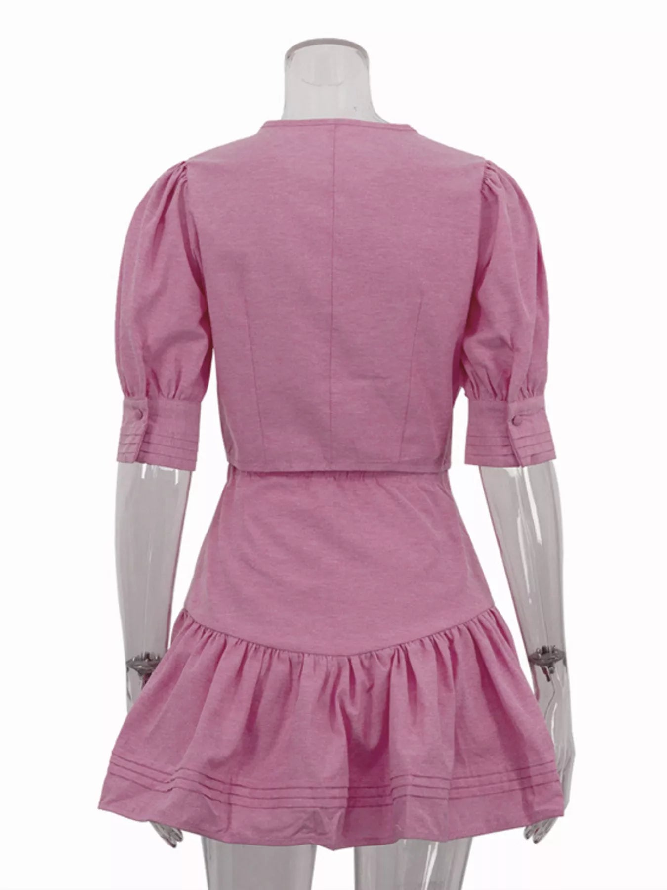 Puff sleeve cropped top and ruffled skirt set by Shopimist, featuring feminine design and lightweight fabric.