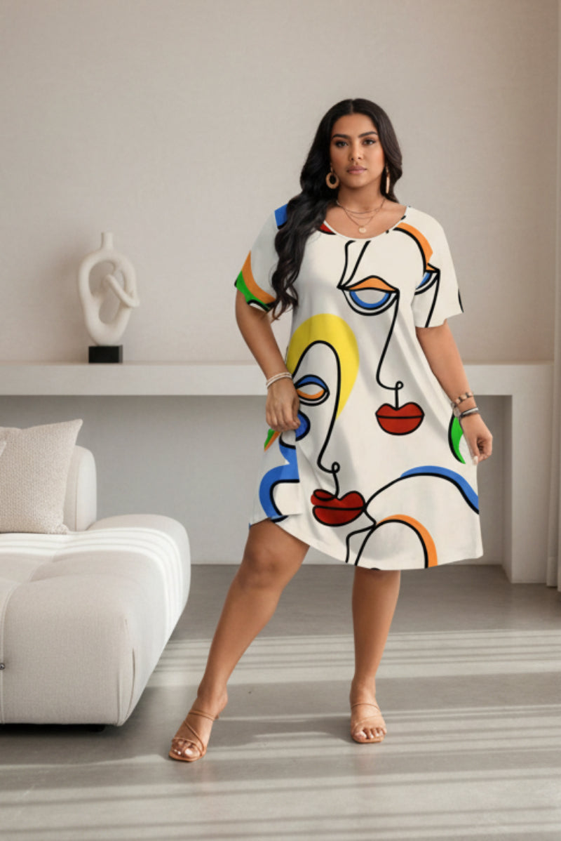 Women’s casual printed round neck short sleeve dress by Plush Fashion Hub, featuring a comfortable fit and stylish design.