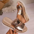 Open toe wedge sandals by Shopimist featuring cork heels and beige straps for casual summer wear.