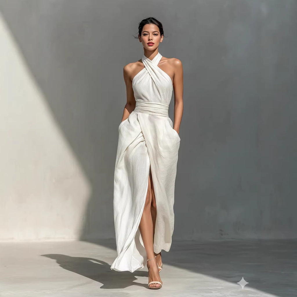 Elegant sleeveless slim-fit white dress by FitiqueFit, perfect for casualwear, showcasing a clean, tailored look.