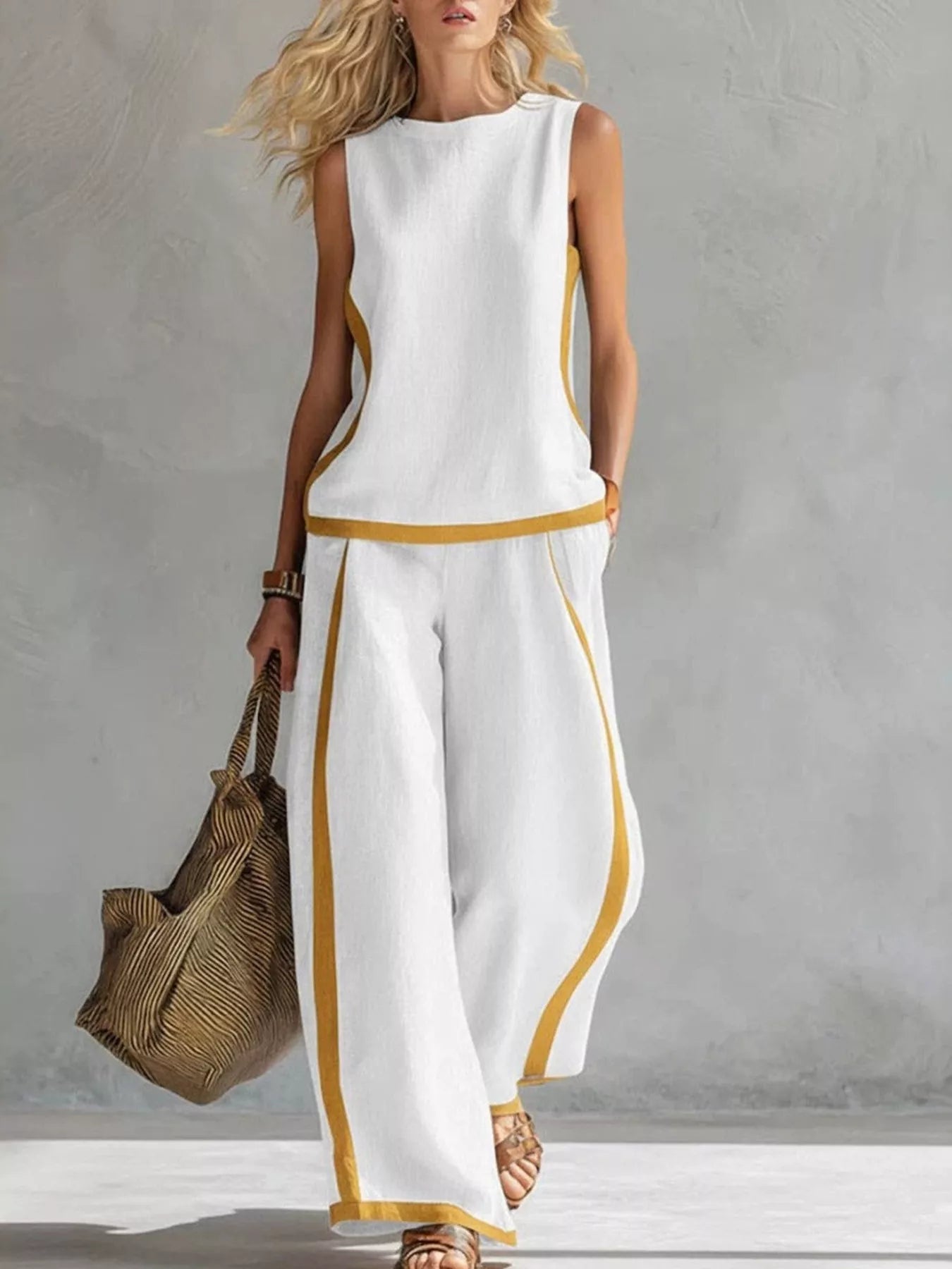 Plus size contrast stripe sleeveless top and wide-leg pants set by Plush Fashion Hub, stylish and comfortable summer outfit.