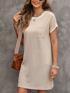 Women's ribbed color block T-shirt shift dress with pockets, casual style, featuring a relaxed fit and vibrant color blocks.