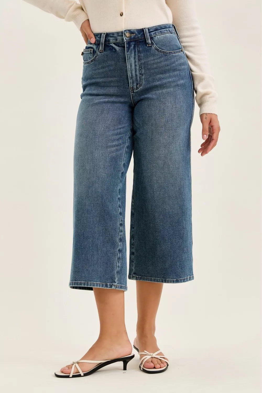 Plush Fashion Hub Judy Blue high waist Dottie wide crop jeans in medium quarry fade, showcasing distressed denim design.