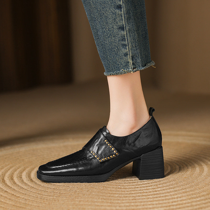 Women's British style square toe chunky heel pumps with deep vamp and studded details from Plush Fashion Hub.