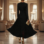 FitiqueFit round neck long sleeve polka dot sheath dress displayed on a hanger, showcasing its classic pattern and elegant design.
