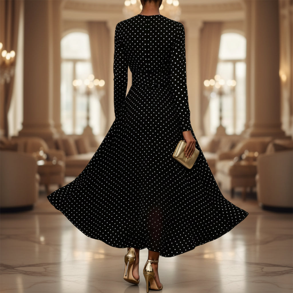 FitiqueFit round neck long sleeve polka dot sheath dress displayed on a hanger, showcasing its classic pattern and elegant design.
