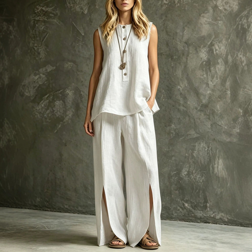 Women's casual two-piece set from Plush Fashion Hub featuring a sleeveless tank top and slit wide-leg pants in relaxed fit.