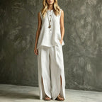 Women's casual two-piece set from Plush Fashion Hub featuring a sleeveless tank top and slit wide-leg pants in relaxed fit.