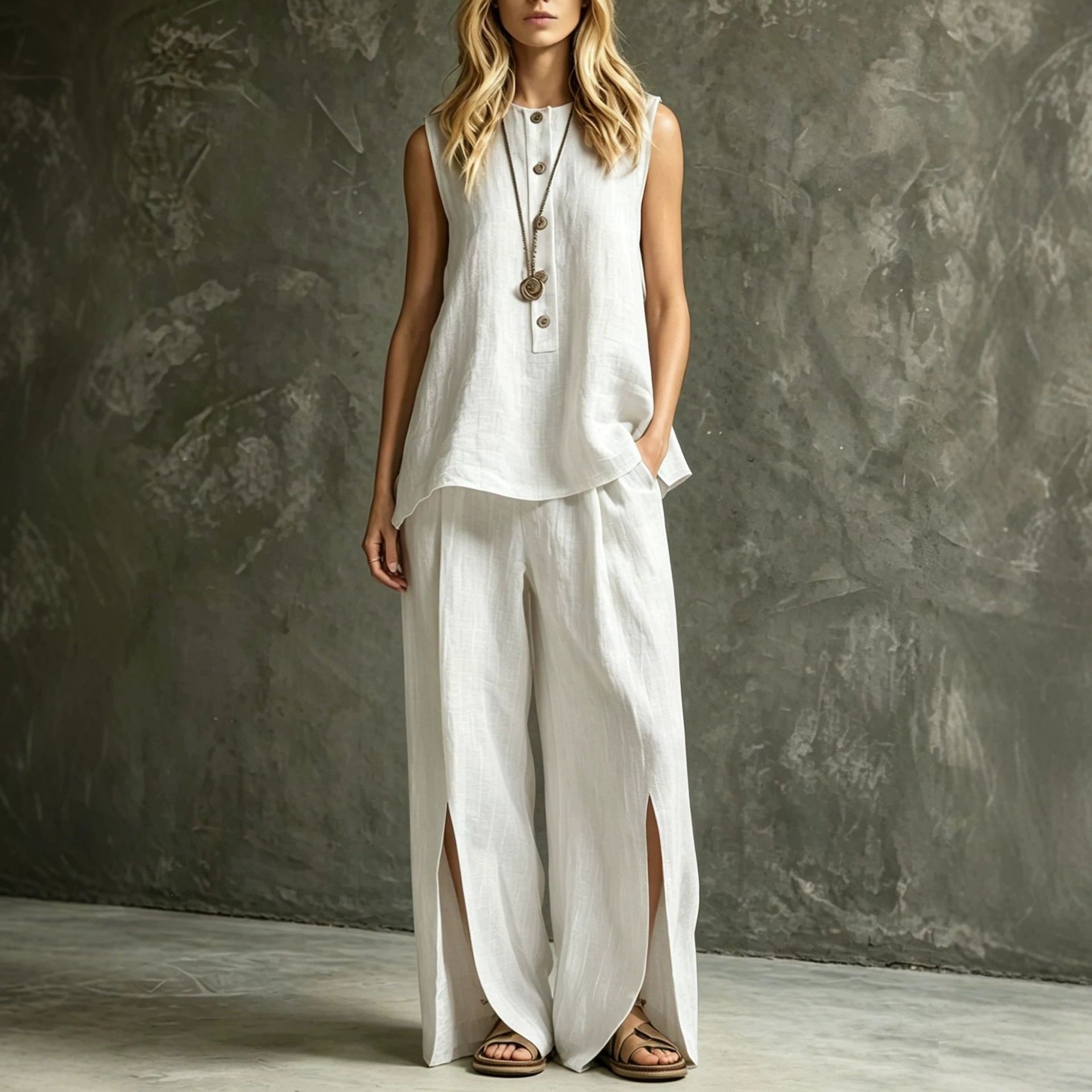 Women's casual two-piece set from Plush Fashion Hub featuring a sleeveless tank top and slit wide-leg pants in relaxed fit.