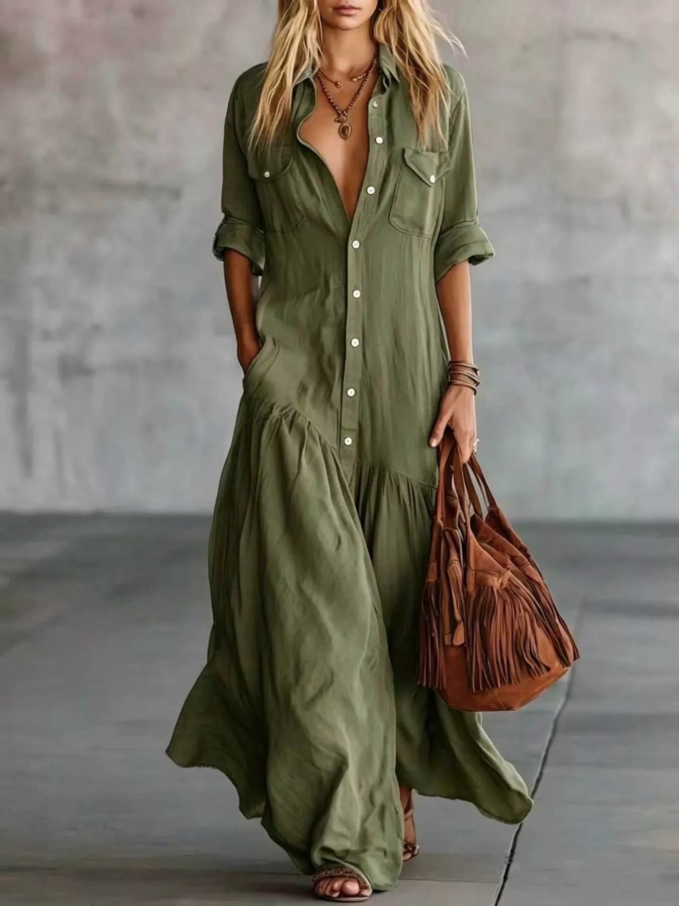 Plus size plush fashion hub maxi dress with button front, roll-up sleeves, full length, elegant style, perfect for plus size fashion.