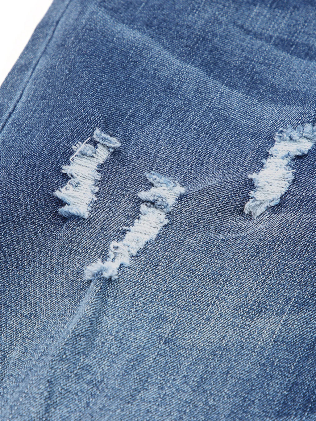 High waist distressed straight leg jeans by Trendsi, showing a close-up of the ripped denim fabric and classic five-pocket style.