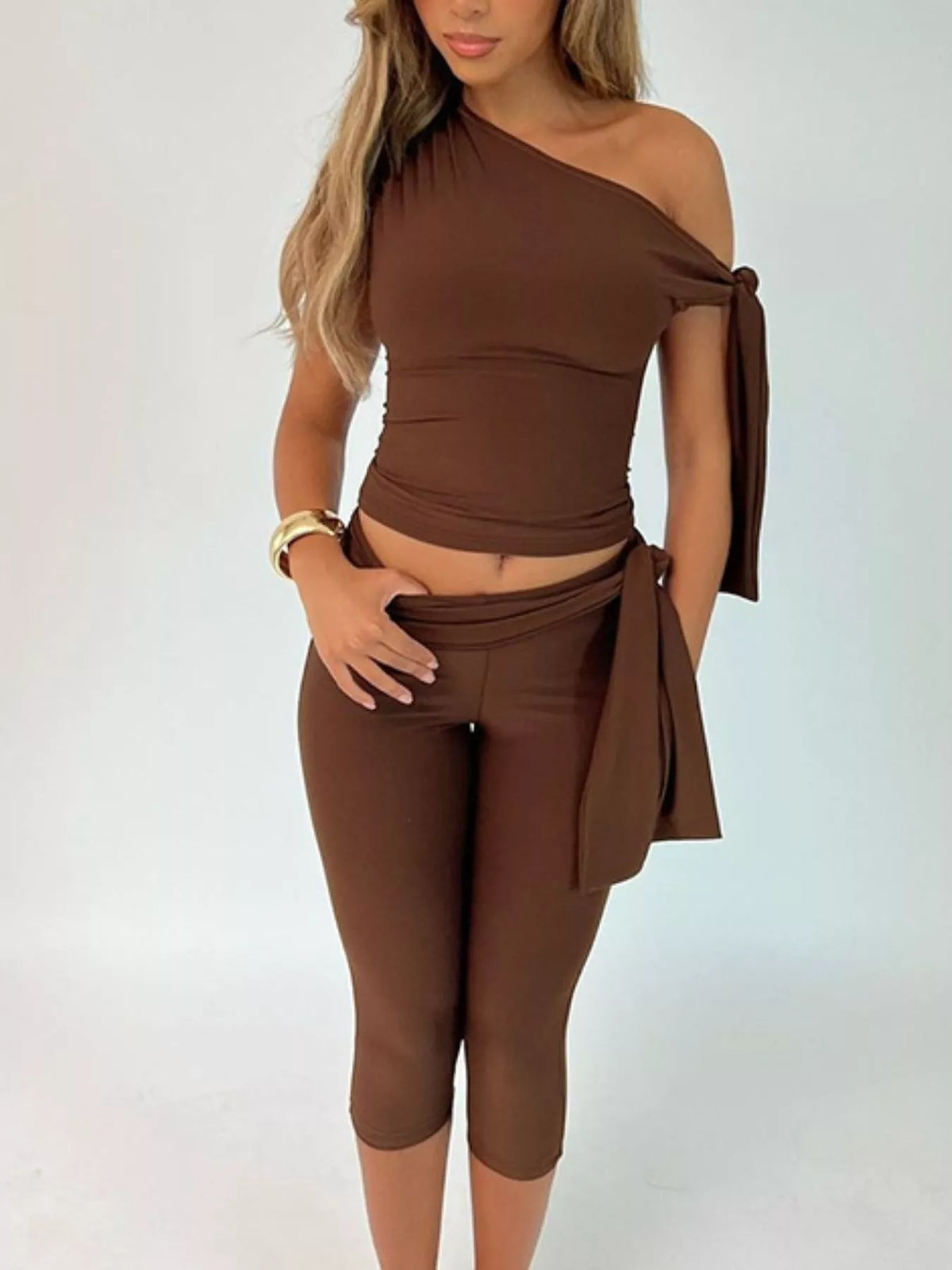 Plush Fashion Hub tied one-shoulder top and matching capris set, stylish and comfortable women’s clothing, front view.