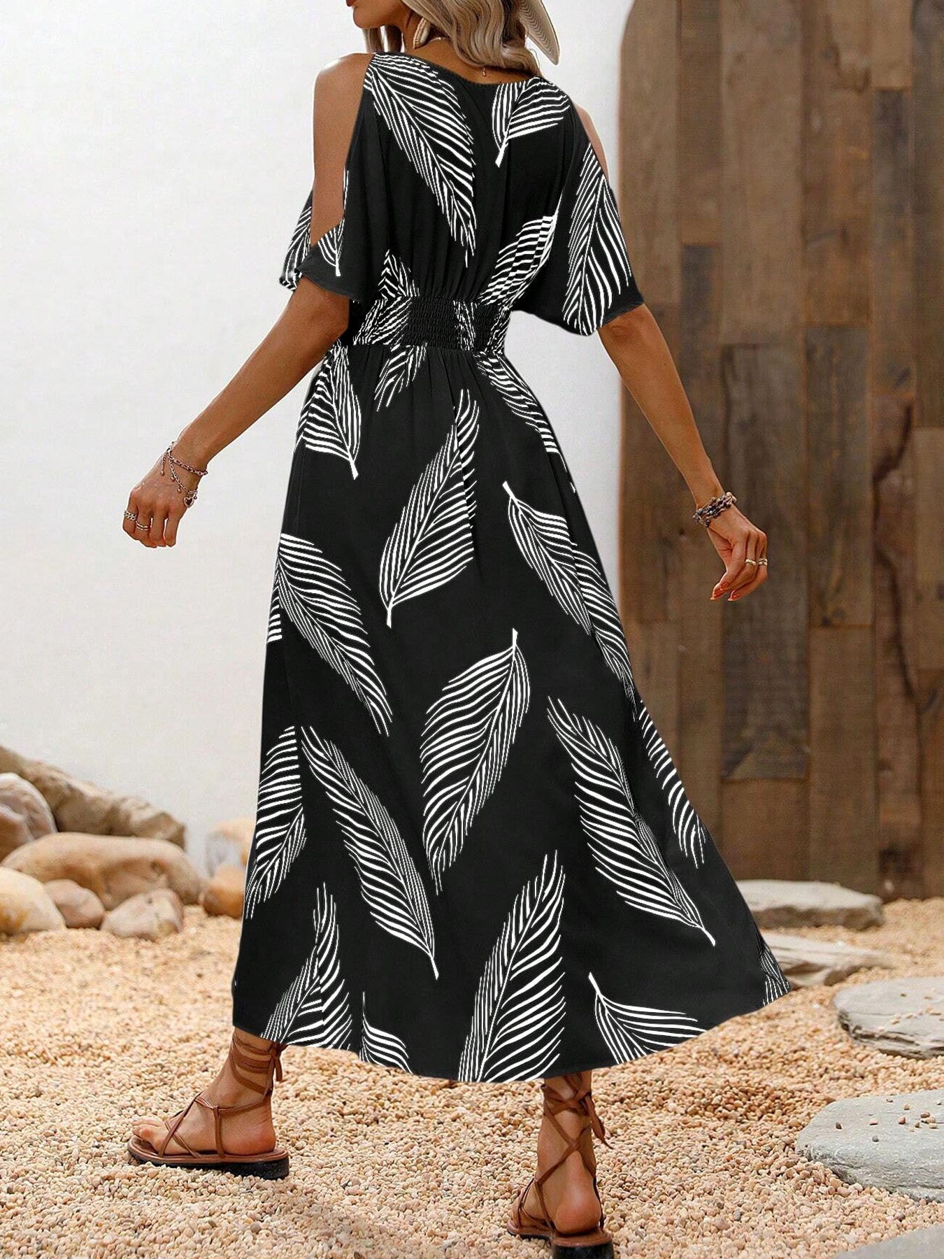 Women’s off-shoulder cross V-neck maxi dress in casualwear style by Plush Fashion Hub, featuring a flowing silhouette and relaxed fit.