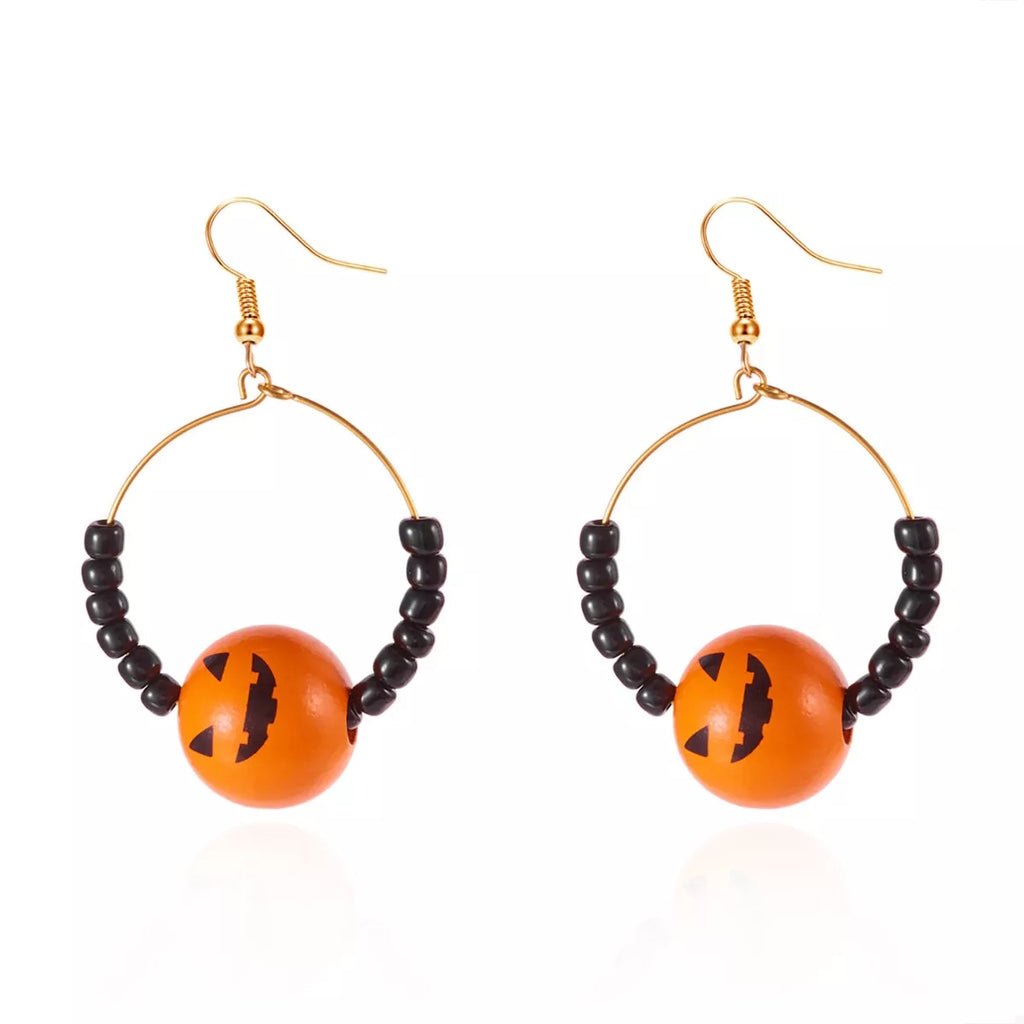 18K gold-plated Halloween bead earrings with festive orange and black beads, featuring spooky themed design, by Shopimist