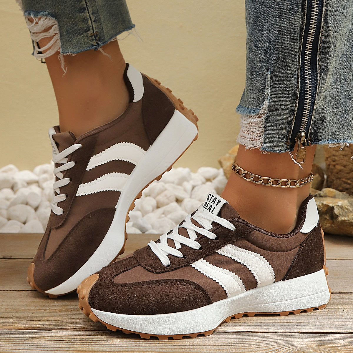 Women's round toe lace-up flat casual sneakers by Plush Fashion Hub, featuring comfortable PU leather and stylish design.