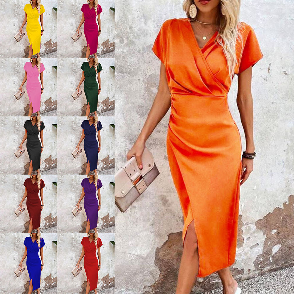 FitiqueFit split V-neck bodycon dress with short sleeves and a slit, featuring a slim fit design for a sleek, stylish look.