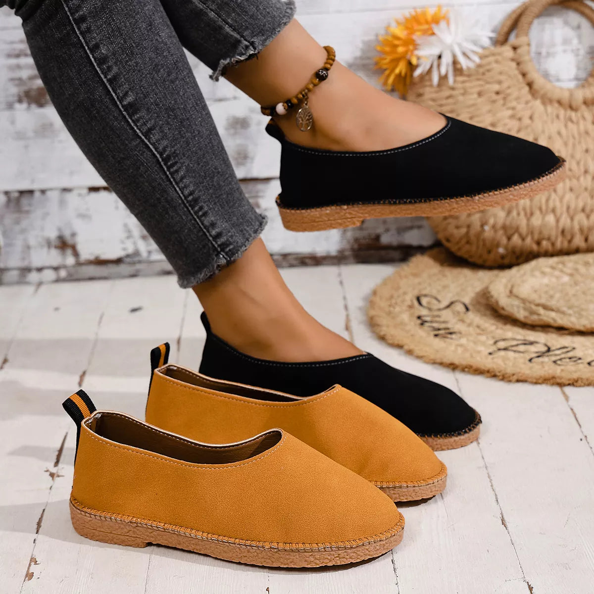 Round toe slip-on flats by Plush Fashion Hub, showcasing beige fabric with a sleek, minimalist design and comfortable fit.