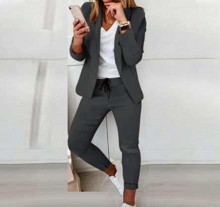 FitiqueFit women's casual blazer and drawstring pants suit set, featuring a notch-lapel blazer and matching relaxed pants.