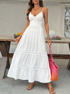 Women's V-neck tiered maxi dress by Plush Fashion Hub featuring delicate lace details and flowing fabric.