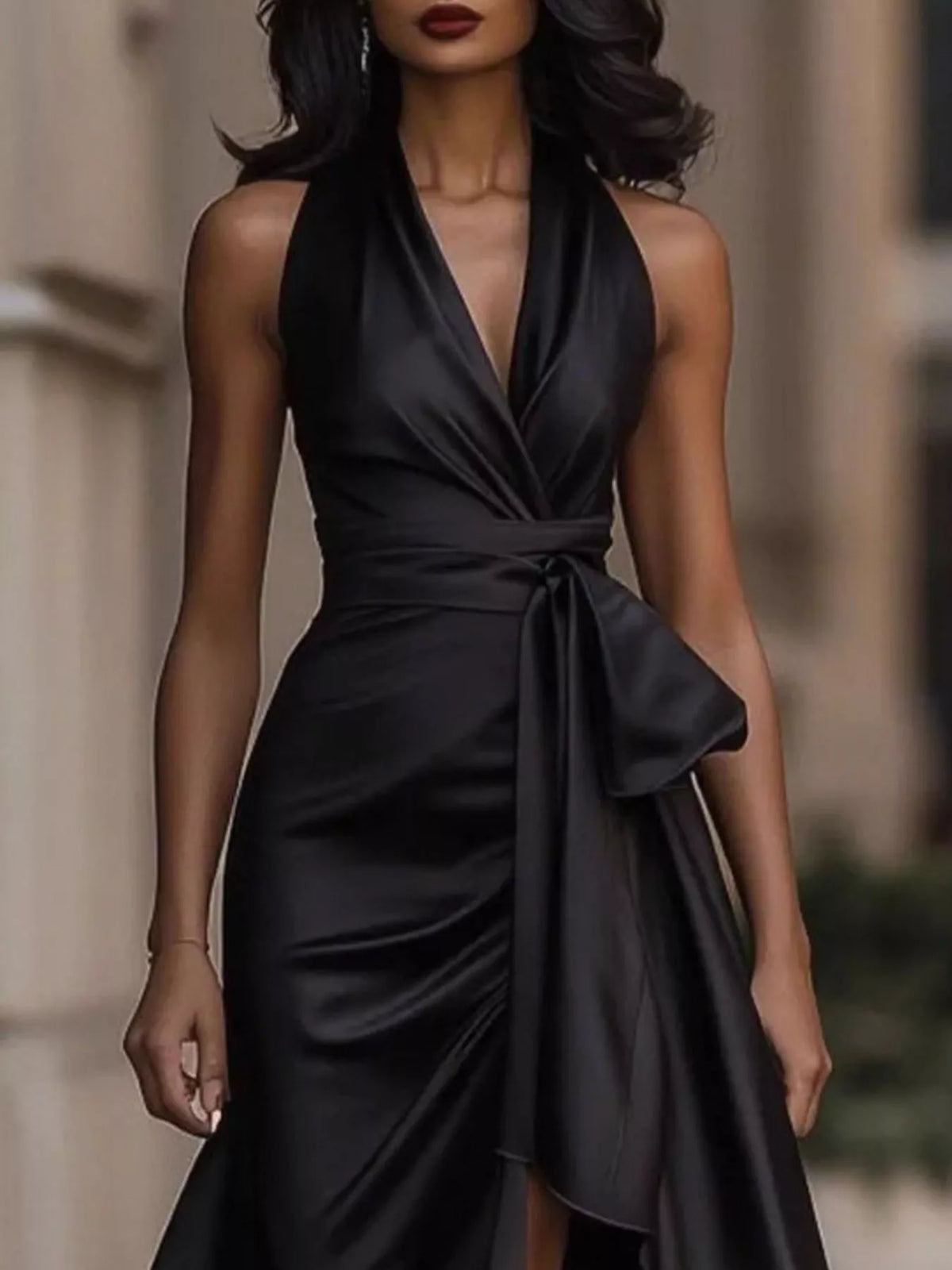 Plus size satin maxi dress with high-low ruffled hem, elegant full-length design by Plush Fashion Hub